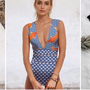 Blue and Orange Patterned Women Swim One Piece